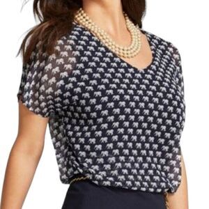 Cabi 5345 Blouse Elephant Parade  Print Navy Blue White Short Sleeve Sheer‎ S